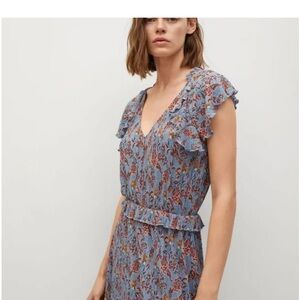 MANGO textured ruffle blue print  midi dress sz 2